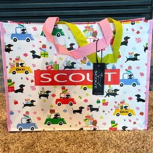 2 Scout Tote Bags with Holiday Colorful Dog and Car Design